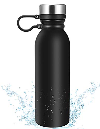 Borraccia Termica in Acciaio Inox- 600ml, Eccomum Bottiglia in Acciaio Inox 304 Sottovuoto a Doppio Parete, BPA Free, Cinghia Girevole a 360°,100% Sigillo, All'aperto-Nero