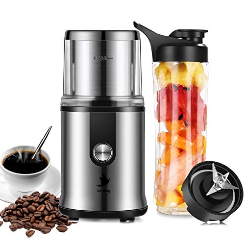 Nestling® 2 en 1 Mini moulin à café électrique et mixeur smoothie blender,Moulin à café 300W en acier inoxydable/Grains de Lin/Noix/Poivre,bouteille de fruits et légumes de 600 ml,jus et smoothies
