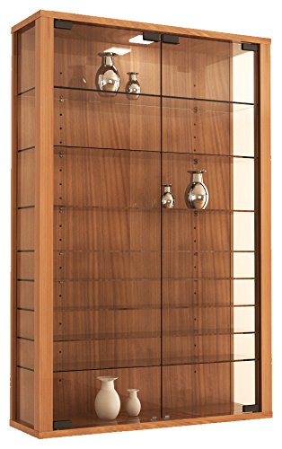 VCM Vitrine Wandvitrine Sammelvitrine Wand Regal Glas Hänge mit Beleuchtung kern-nussbaum 90 x 59 x 18 cm Vitrosa Mini