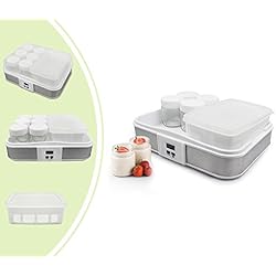 Leogreen - Yaourtière, Machine pour Yahourt Naturel, Bol à yaourt avec tamis et 6 pots, minuteur, 30,6 x 25 x 12,4 cm, Blanc, Capacité par pot: 0,21 L, Capacité du conteneur: 1,5 L
