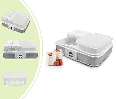 Leogreen - Yaourtière, Machine pour Yahourt Naturel, Bol à yaourt avec tamis et 6 pots, minuteur, 30,6 x 25 x 12,4 cm, Blanc, Capacité par pot: 0,21 L, Capacité du conteneur: 1,5 L