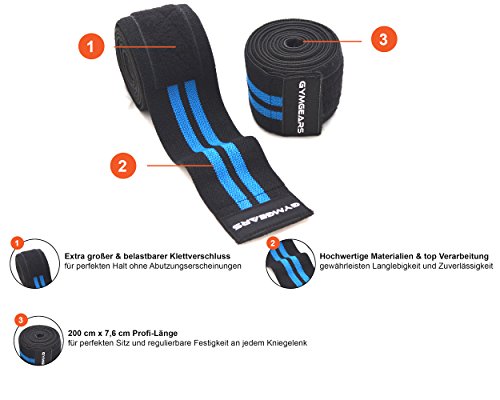 Kniebandage [2er Set mit Klettverschluss] Knee Wraps 200cm – Profi Knie Bandagen für Kraftsport, Bodybuilding, Powerlifting, CrossFit & Fitness – Für Frauen & Männer geeignet – EINFÜHRUNGSPREIS - 3
