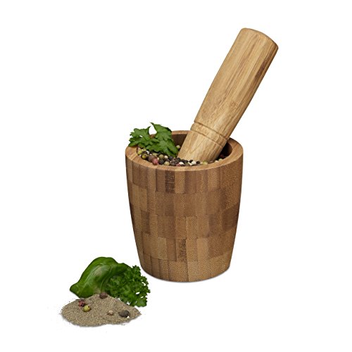Relaxdays Mörser mit Stößel Bambus, rund, natürlich, hochwertig, Gewürzmörser, HxBxT: 10,5 x 10 x 10 cm, natur