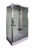 cabina sauna artica Incluye: Panel de control, luz, radio y ventilador. También incluye: rociador fijo superior, mango de ducha tres posiciones (con flexo), asiento, dispensador de jabón, dos asideros en negro y jets con sistema antical.