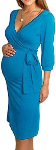 Top Women's Maternity Coctail Flared Dress Long SleeveTunic Crew Neck Size 10-16 (L-XL, Blue)