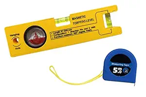 JAY ANTIQUES Magnetic Torpedo Level with 1 Direction Pin, 2 Vials and 360 Degree View | 5M Pocket Measuring Tape with Lock