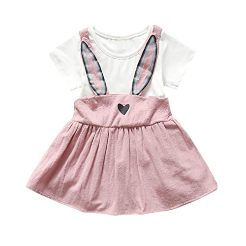 LuckyBB Newborn Toddler Baby Girls Rabbit Ear Heart Strap Casual Dress Clothes (18M, Pink)