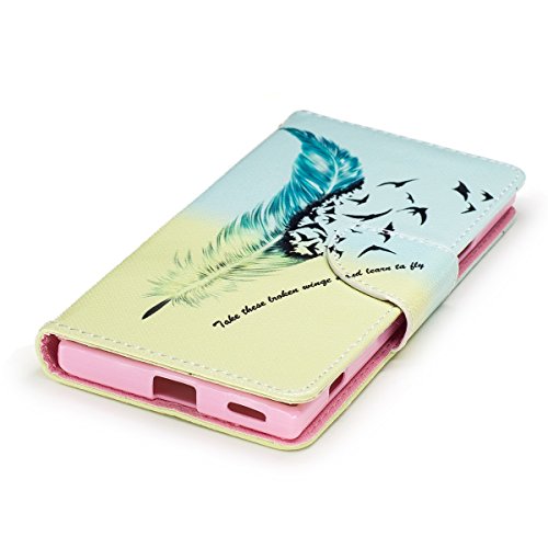Etsue Handytasche für Sony Xperia XA1 Bunt Muster,Brieftasche Hülle für Sony Xperia XA1 [Fliegend Vogel,Blau Feder] Lederhülle Handyhülle Einzigartig Flip Hülle Leder Schutzhülle Vintage Wallet Case Leder Handy Tasche Case Schutz Hülle Tasche Magnetverschluss und Standfunktion Kartenfächer für Sony Xperia XA1 + 1x Glitzer Staub Stecker + 1x Blau Eingabestift - 4