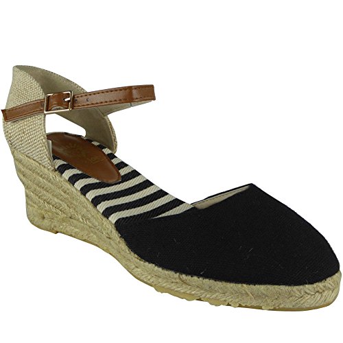Womens Ankle Strap Wedges Ladies Espadrilles Comfy Mid Heel Canvas