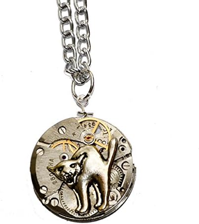 Cat Steampunk Watch Movement Pendant Necklace on Silver Plated Chain. Hand Made in Cornwall, UK.