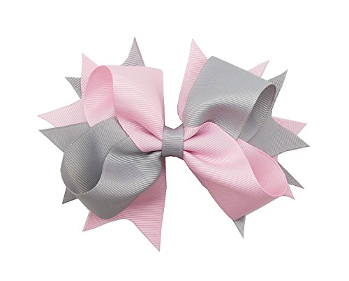 PrettyBoutique 5.5 Inches Girls 2 Colours Large Grosgrain Hair Bow Alligator Clip (Light Pink/Grey)