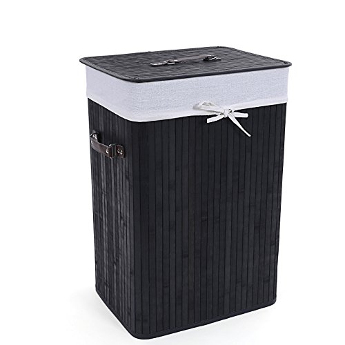 Songmics 3 Griffe Faltbar Bambus Wäschekörbe Wäschebox Wäschetruhe Wäschesammler Wäschetonne Wäschewagen Schwarz Eckig LCB10H