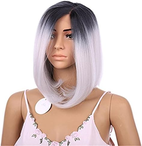 Ombre Grey 2 Tones,Dark Roots Natural Straight Lace Front Bob Hair Wig Half Hand Tied Glueless Synthetic Fiber Hair Wigs,10 Inch