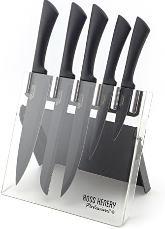 Ross Henery Professional Kitchen Knife Set with Black Blades in Clear Foldable Acrylic Block/Stand, 5 Piece