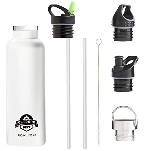 OUTDOOR DEPT Bottiglia Isotermica, Termos, Borraccia Sottovuoto 750 ml Elegante in Acciaio Inox Senza BPA, Thermos Bevande con 4 Tappi e Cannuccia per Ufficio, Scuola e Sport, Anche per Bibite Gassate