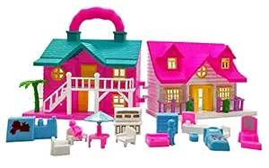 TOYMANIA Beautiful Big Size Doll House PLAYSET for Kids and Girls. | with 2 Rooms Set, Furniture & OPENABLE Doors. | Attractive Design & Bright Colors. (Pink Color)