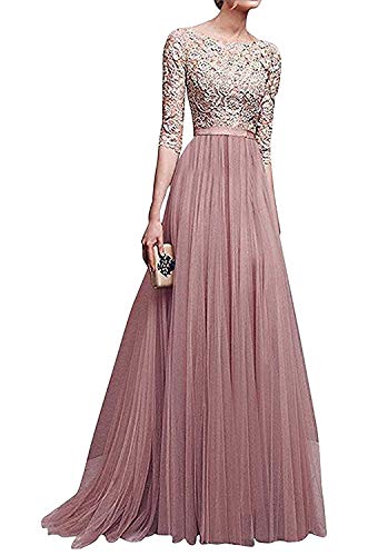 GaiWen Femme Robe De Soirée Longues Élégant Festive Mousseline Dentelle Épissure Robes De Bal Vintage Slim Fit Robes Cocktail Manches 3/4 Rond Col Robes De Bal Maxi Robe Mariage