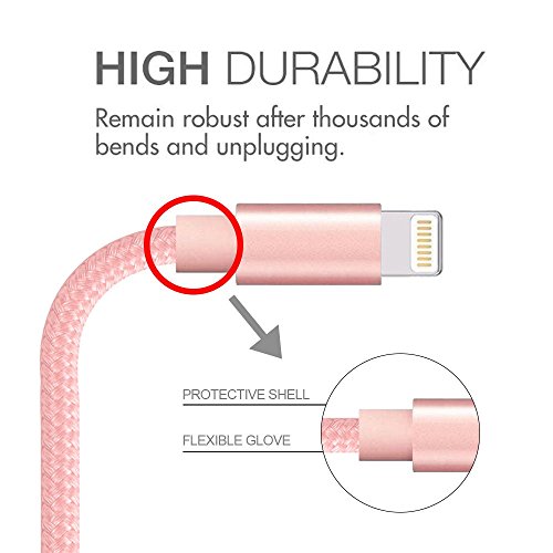 Youer C  ble iPhone Chargeur  3-Pack 1m 2m 3m C  ble Lightning vers USB de Nylon Tress   Robuste avec Connecteur en Aluminium pour Apple iPhone X   8   8 plus   7   7 plus   SE   6s   6s plus   6   6 plus   5s   5 iPad Air iPad mini Rose 
