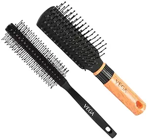 Vega Mini Flat Brush with Wooden Colored Handle and Black Colored Brush Head And Vega Round Brush (Color May Vary)