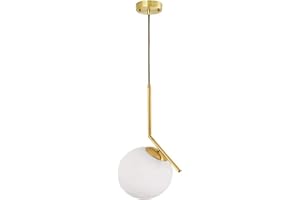 HJXDtech Lampada a sospensione moderna a sfera in vetro bianco, lampada da soffitto in metallo ottone, Lampadario da cucina per soggiorno e sala da pranzo (1-luce)