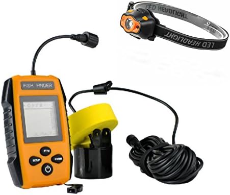 Portable Sonar Fish Finder Fishing Echo Sounder Alarm 100m Deep Fishfinder with Transducer Sensor and LCD Display For Sea Fishing Ice Fishing Shore Fishing Tackle With fishing Headlight