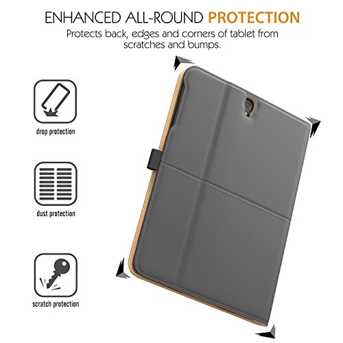 MoKo Samsung Galaxy Tab S3 9.7 Hülle – Schlank Folding Kunstleder Schutzhülle Leder Hülle Tasche Ledertasche Etui Smart Case Cover mit Standfunktion Dokumentschlitze Auto Sleep/Wake up Funktion für Samsung Galaxy Tab S3 9.7 Zoll 2017 (SM-T820 / T825, Keine Stiftversion), Grau & Braun - 2