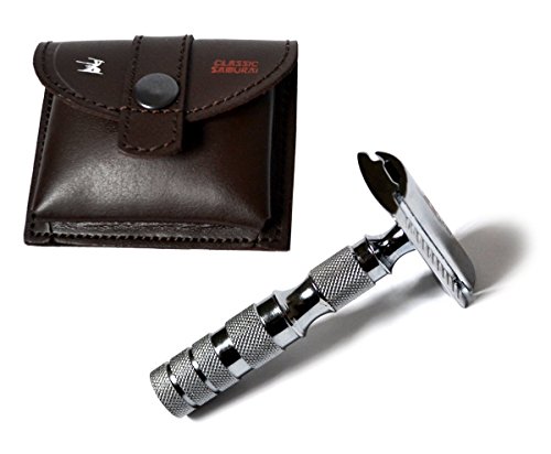 CS-205 Classic Samurai Travel Double Edge Safety Razor Chrome Plated with Free Leather Case