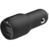 Belkin Boost Charge Dual Port 24W Car Charger, iPhone and Android phone compatible, Black, CCB001btBK