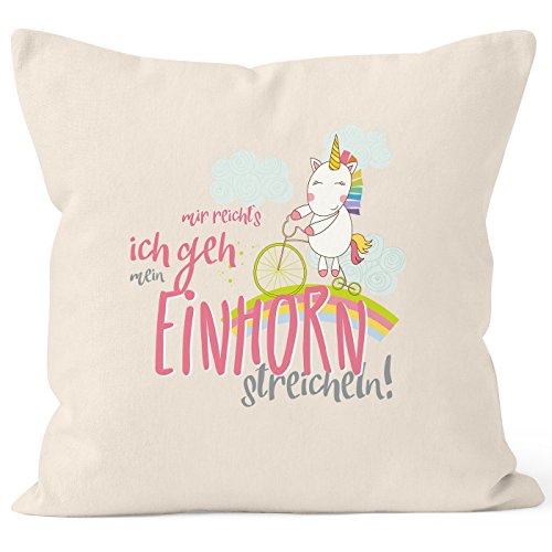 Kissenbezug Einhorn auf Fahrrad "Mir reichts ich geh mein Einhorn streicheln" 40x40 Baumwolle MoonWorks® natur-pink Pullover
