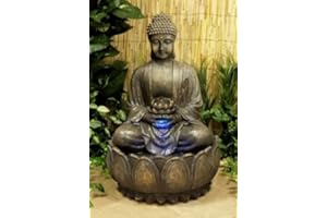 Primrose 57cm Bronze Effect Buddham with Blossoming Lotus Water Fountain with Cascading Self Contained Water Feature