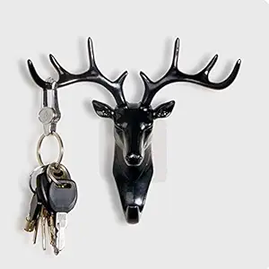 Leeonz ABS Creative Storage Convenient Holder Deer Head Self Adhesive Wall Door Sticky Holder Hook (Black)