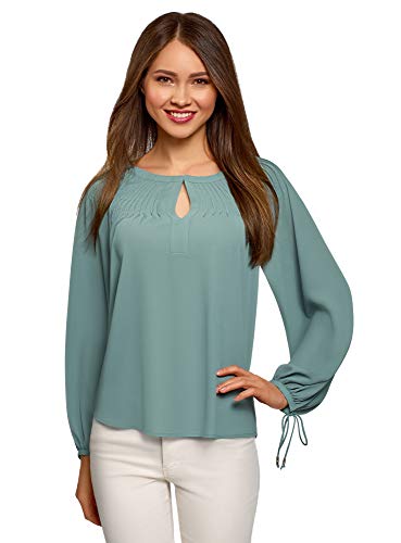 oodji Collection Mujer Blusa Ancha con Lazos en los Puños, Verde, ES 44 / XL