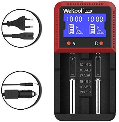 Weltool BC2 Cargador de Pilas Recargables, 2 Ranuras, Universal Inteligente Cargador de Batería 18650, Cargador con Pantalla LCD y Cables, para Li-Ion NI-MH NI-CD (AA AAA 16650 14500 16340 26650)