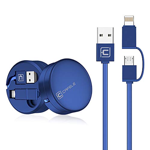 CAFELE - Cable retráctil, IP y Micro USB 2 en 1 para transmisión de Datos de Carga de 1,3 m Azul