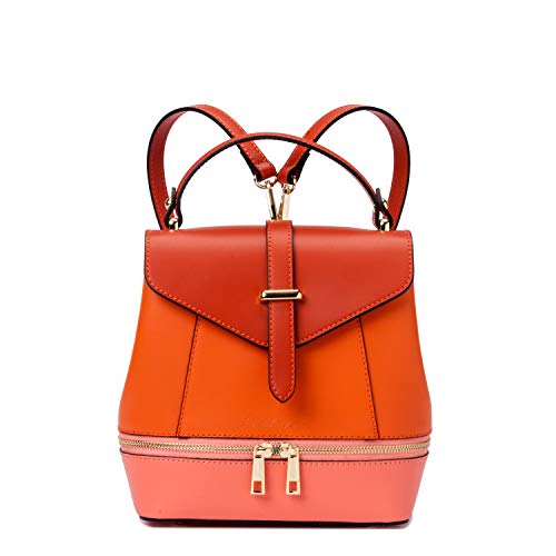Ira del Valle, Zaino Donna a Spalla e a Mano, Borsa Tracolla Elegante Ragazza in Vera Pelle, Zainetto alla Moda Leggero, Modello Bali, Made in Italy (Rosso e Arancio)