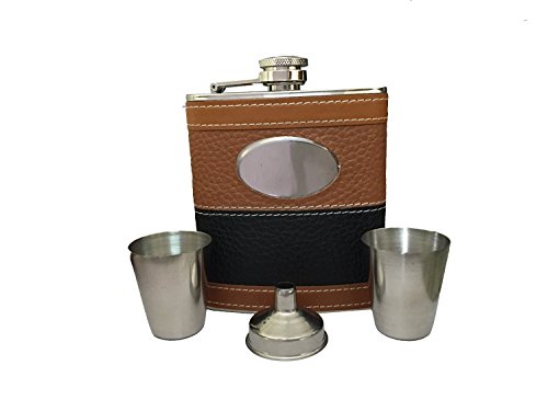 SHOT Fläschchen Geschenk Set mit schwarz & braun Leder Arbeitshemd verpackt Edelstahl 304 Flachmann mit 2 Shot Glas & 1 Fläschchen Trichter - 2