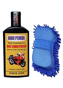 INDOPOWER -Bike Liquid Polish(High Performance) 100ml.+ 2 in 1 Multipurpose Chenille Microfibre Mitts and Sponge Hand Duster for Washing Cars and Household Items (Any Available Color one pic)