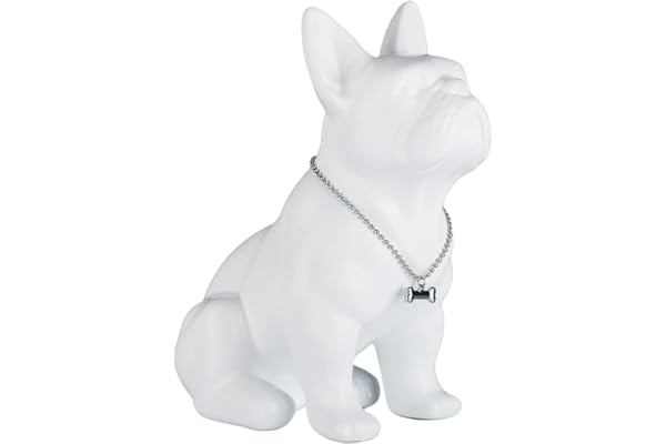 SHENGTIAN Statue Bouledogue Français – Sculpture Moderne en Résine avec Collier Argenté – Statuette de Chien pour Salon, Bureau, Couloir et Chambre (Blanc, 23cm)