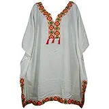 Indiatrendzs Women's Rayon Poncho Kaftan Tops White Embroidered Short Kaftan (Chest 60)