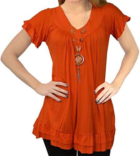 ASBAHFASHION Women’s Frill Necklace Gypsy plus Size Short Sleeve V Neck Tunic Top ORANGE (30)