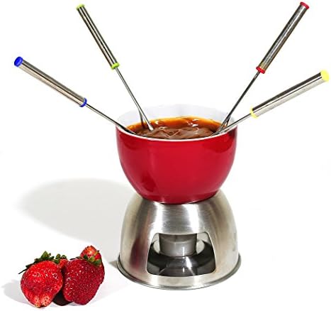 Janazala Ceramic Chocolate Fondue Set Includes Red Ceramic Pot, Ceramic Candle Stand, 4pcs Forks and 4pcs Tealights. The Fondue Maker For Chocolate, Butter. Cheese and Other Hot Dips