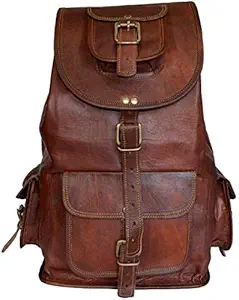 Genuine Leather Unisex Pure Leather Handmade Travel Messenger Casual School College Book Drawstring Backpack for Laptop (Brown, Large, 18 Inch)