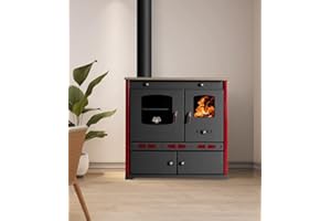 Prometey EEK A+ Kaminofen mit Backfach und Herdplatte Perfect Eco Lux Schwarz Rechts Holzofen 7 kW Kamin Ofen Holz Werkstattofen Hüttenofen Heizofen Gartenofen, L