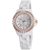 Feoya Damen Uhr Studenten Armbanduhr Lebens Wasserdicht Keramik Armband Uhren Quarzuhr mit Kunstliche Diamant Damenuhr Uhrenbox Student Wrist Watch - Gold Zifferblatt Weiß Uhrband
