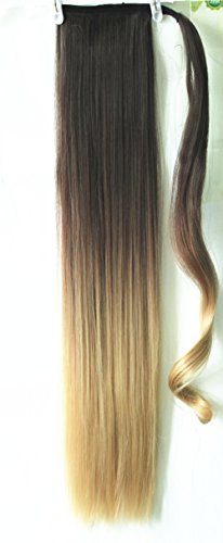 22" Clip in hair extensions Wrap Around Ponytail Long Straight Ombre Dip dye (Dark brown to sandy blonde)
