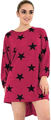 Urban D New Batwing ¾ Sleeve Lagenlook High Low Elegant Ladies Star Print Celeb Oversized Loose Baggy Summer Holidays Party Tunic Elastic Cuff Dress Top (Cerise, LXL (16-18))