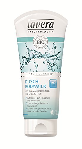 lavera Dusch Bodymilk basis sensitiv ∙ Auf nasser Haut eincremen ∙ Mandelmilch & Sheabutter ∙ Zart geplegte Haut ∙ vegan ✔ Bio Pflanzenwirkstoffe ✔ Naturkosmetik ✔ Natural & innovative ✔ Körperpflege 1er Pack (1 x 200 ml)