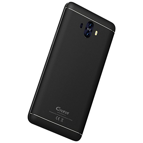 Gretel GT6000 - 4G Smartphone libre Android 7.0 con batería de 6000mAh (Pantalla de 5.5'' LCD IPS, cámara delantera (5MP) + cámara trasera dual (13MP), 2 GB de RAM, 16 GB, Quad Core 1.3 GHz, Quad Core 1.3 GHz, frente Identificación del tacto de la huella digital, SIM dual GPS), Negro