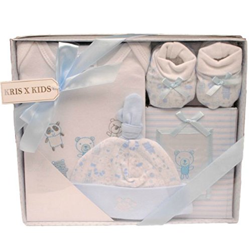 Really Cute 4 Piece Set By BeeBo Comprising Of Booties, Hat, Bodysuit And Photo Album Presented In Gift Box - Blue 0-3 Mths