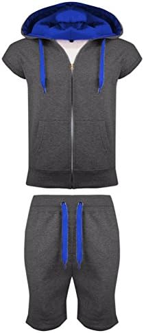 New Mens Fleece Gilet Sleeveless Hooded front pockets Shorts side pockets Tracksuit Full Zip Up Contrast Cord Brushed Hoodie Jogging Gym Suit Shorts Workout Training (L, Charcoal - Blue)